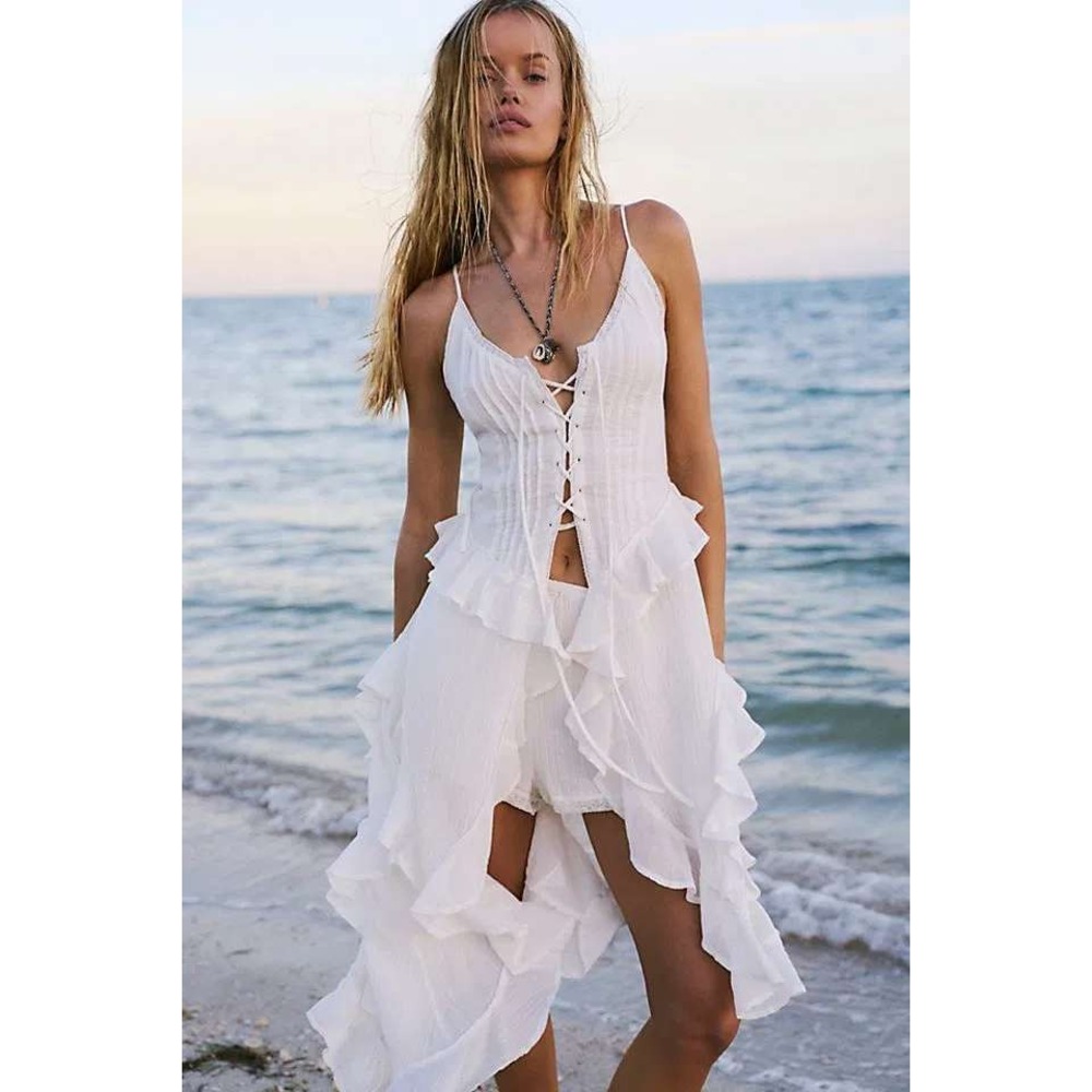 Free People Free-Est Size M So Breathless Ivory Cotton Ruffle Maxi Top Set